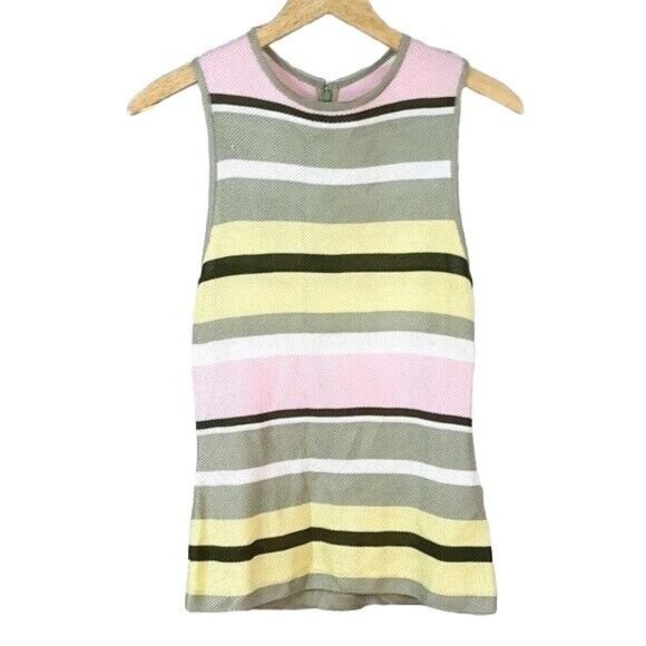 St. John Sport Knit Top Green Small Pink Yellow Sleeveless Back Zipper Striped - Picture 4 of 6